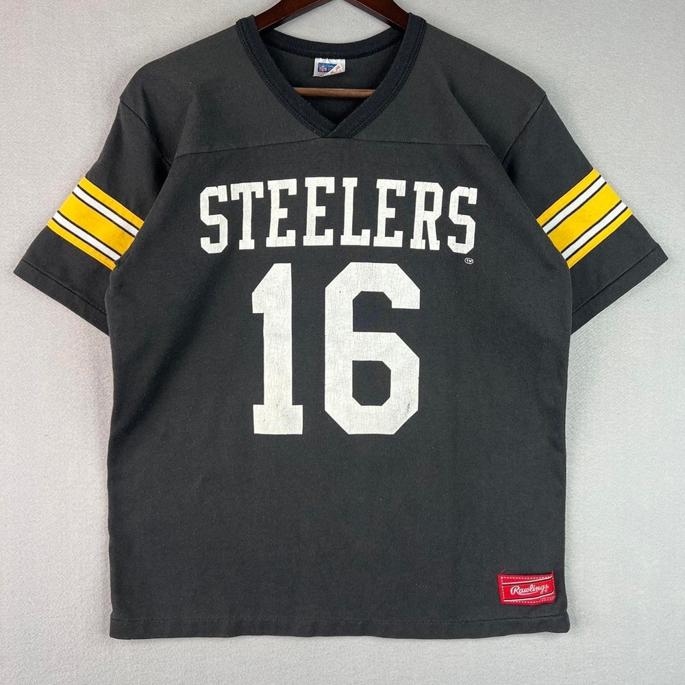 Vintage Pittsburgh Steelers 16 Cotton Jersey Style Rawling Black Tee Shirt  L